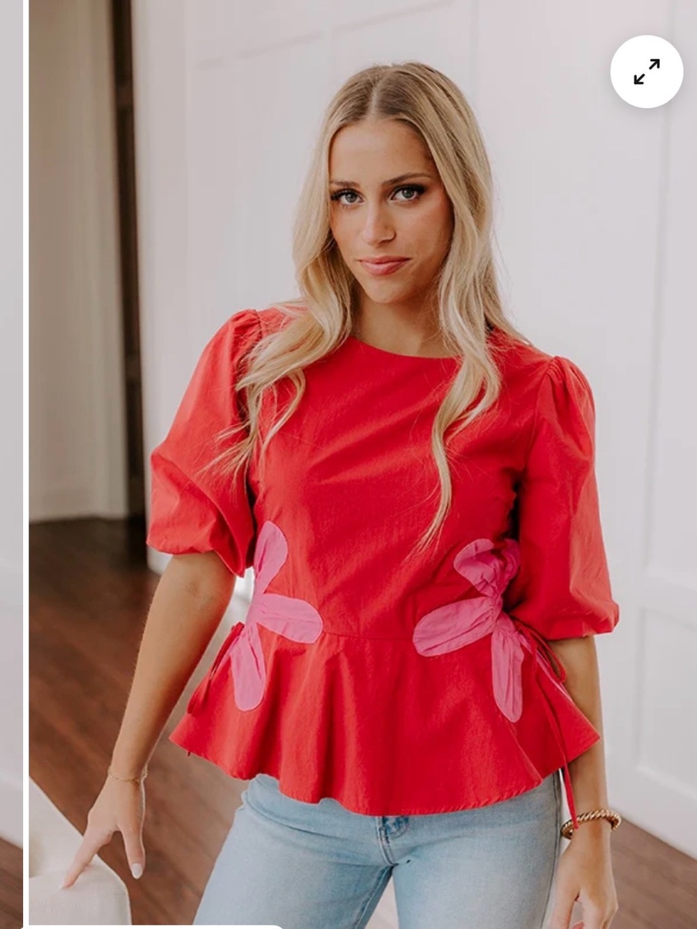 Red Puff-Sleeve Peplum Top with Pink Floral Appliqué
